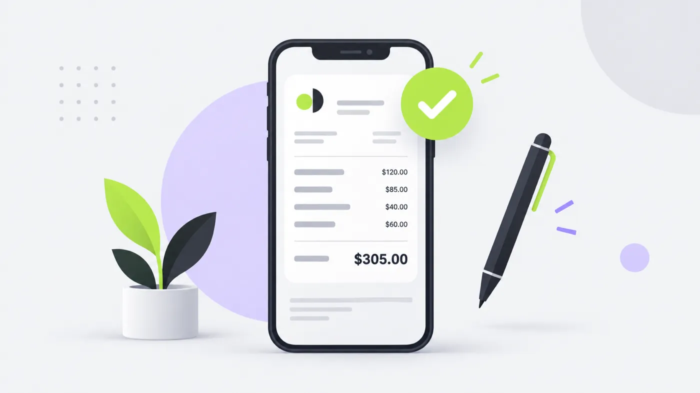 Illustration of an invoice being created on an iPhone with line items and totals