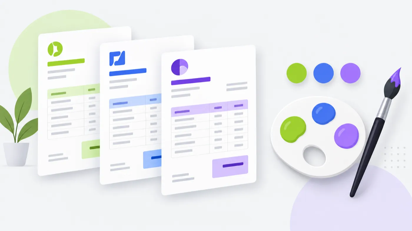 Illustration of invoice templates and color palettes on an iPhone