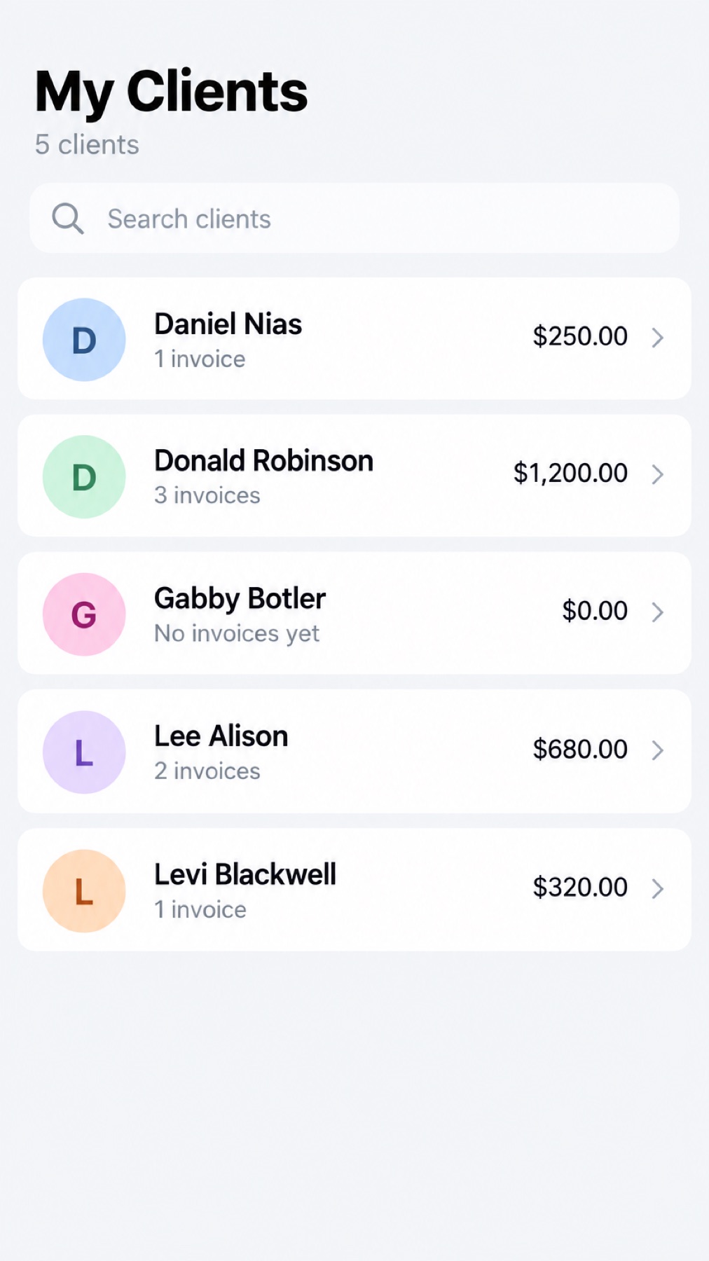Invoice Maker clients screen listing saved clients with a search box and the number of invoices for each client