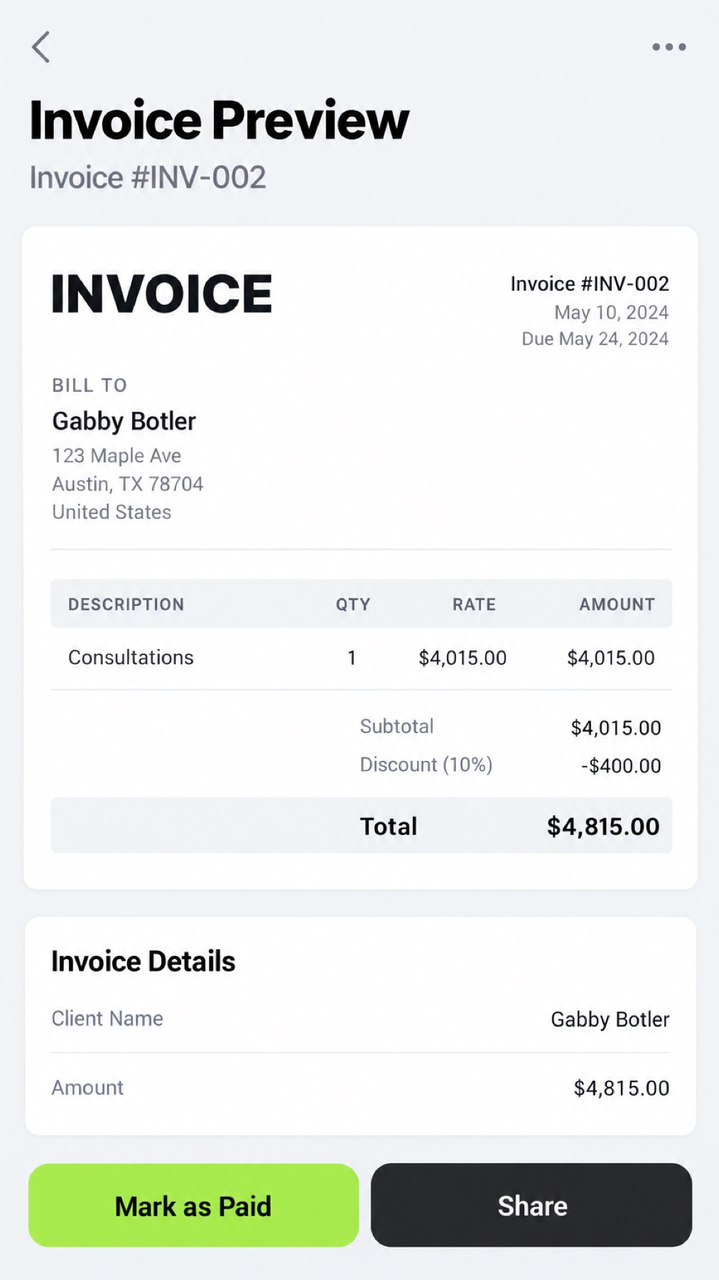 Invoice Maker invoice preview screen for invoice INV-002 with a Mark as Paid button and a Share button