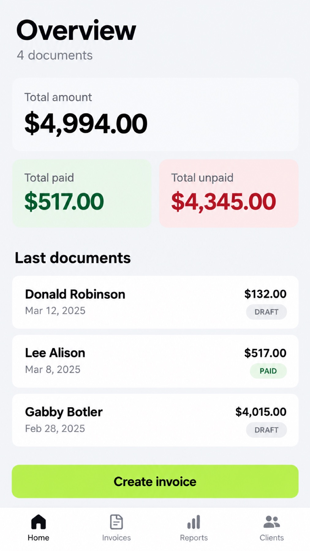 Invoice Maker overview screen showing total amount, total paid and total unpaid, with a list of recent invoices and their draft or paid status