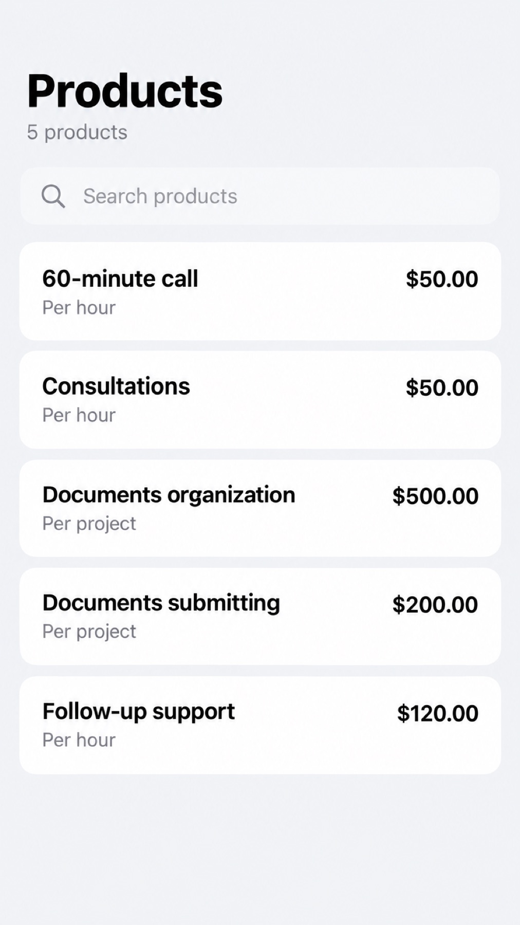 Invoice Maker products screen listing saved products and services with their prices